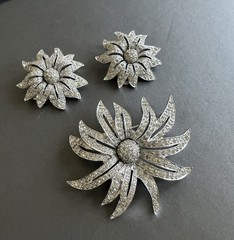 Vintage 1950s Jomaz Pave Rhinestone Flower Brooch & Earrings Set