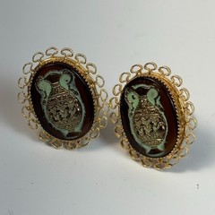 Lewis Segal Earrings Clip On Gold Tone Glass Grecian Urn Vase Cameo 1960s