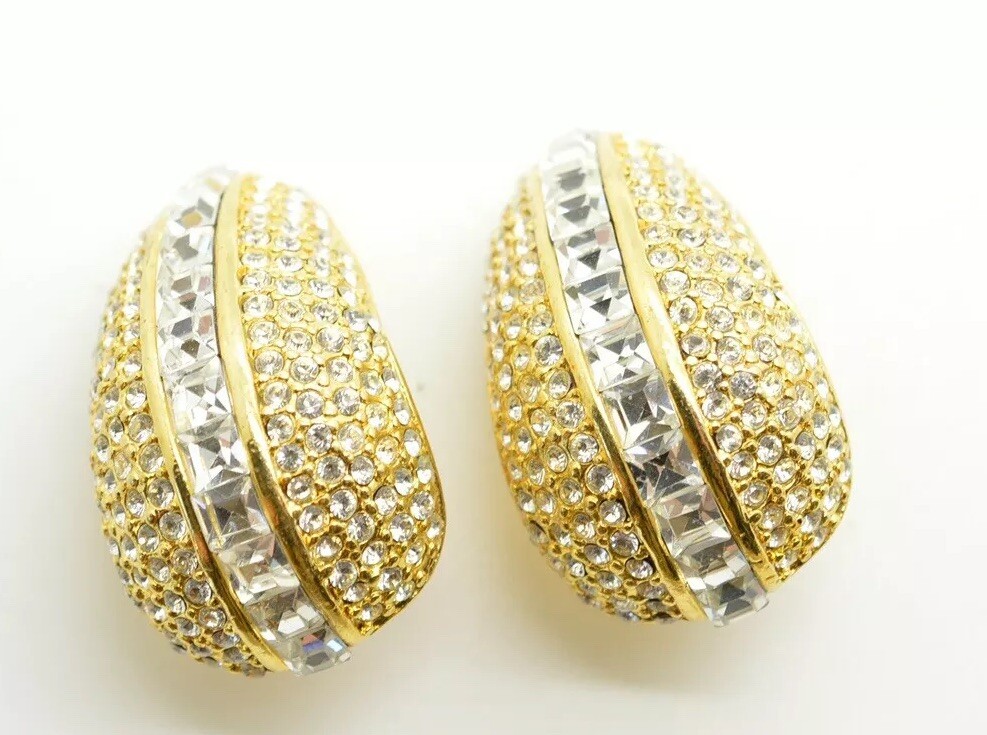 Vintage Large Gold Tone Rhinestone Clip Earrings Channel Set Huge Chunky