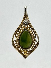 Vintage TAIWAN Teardrop JADE Genuine DIAMOND Silver & Gold Plate Pendant