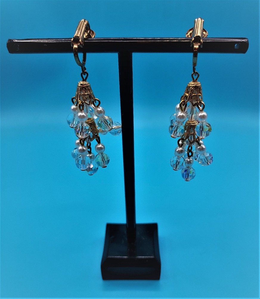 vintage clipon earrings faux pearl/clear rhinestones no brand 2″