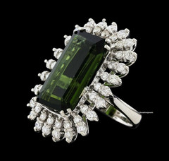 Dark Green 17.03CT Emerald Shape Tourmaline and 1.74CT Round CZ Art Deco Ring FN