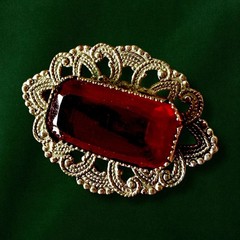 Antique Victorian Brooch Pin Red Glass Silver Tone C Clasp Filigree