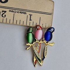 Parrot Jelly Belly Bird Brooch Rhinestone Cats Eye Cabochon Tropical Pin