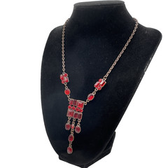 Art Deco Inspired Necklace Bronze Tone Red Lucite Dangles Adjustable 16″ – 19″