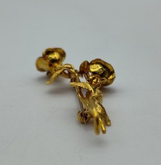 Vintage Long Stem Rose Flower Ruby Stone 18K Yellow Gold Enamel Brooch Pin Lapel