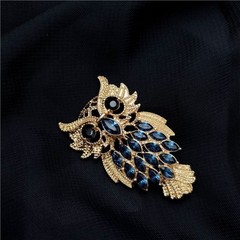 Blue Rhinestone Owl Vintage Brooch Gold Tone Animal Pin Cute Owl Pin