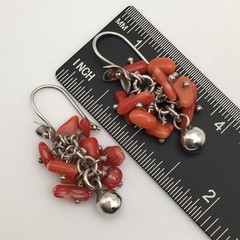 Vintage Sterling Silver Red Orange Coral Flower Hook Dangle Earrings 8.9g #97