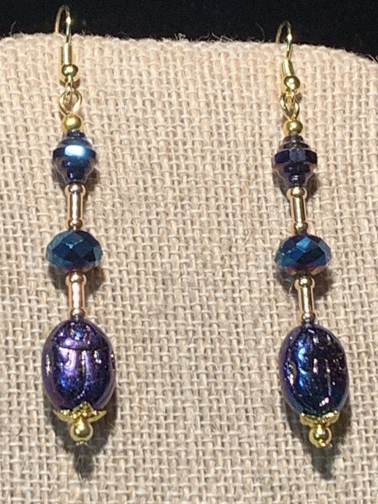 NEW ITEM *VTG.CZECH PEACOCK BLUE AURORA IRIDESCENT CRYSTAL EGYPT SCARAB EARRING