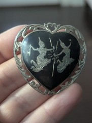 Vintage Siam Sterling Heart Black Niello Brooch Pin Lightning Goddess Love Art
