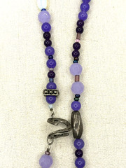 Purple Glass And Silver Metal Charms Art Deco Beaded Necklace 24 Inch