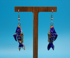 Vintage Cloisonné Blue Enamel Koi Fish Dangle Articulated Earrings French Wire