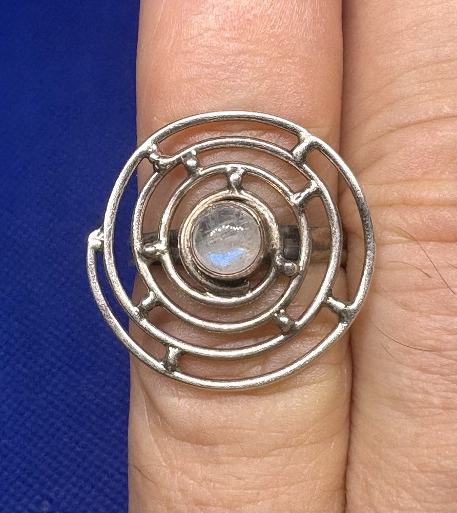 X04 Big Spiral Rainbow Moonstone 1” Crown – 925 Silver Ring Size 5.75 Vintage