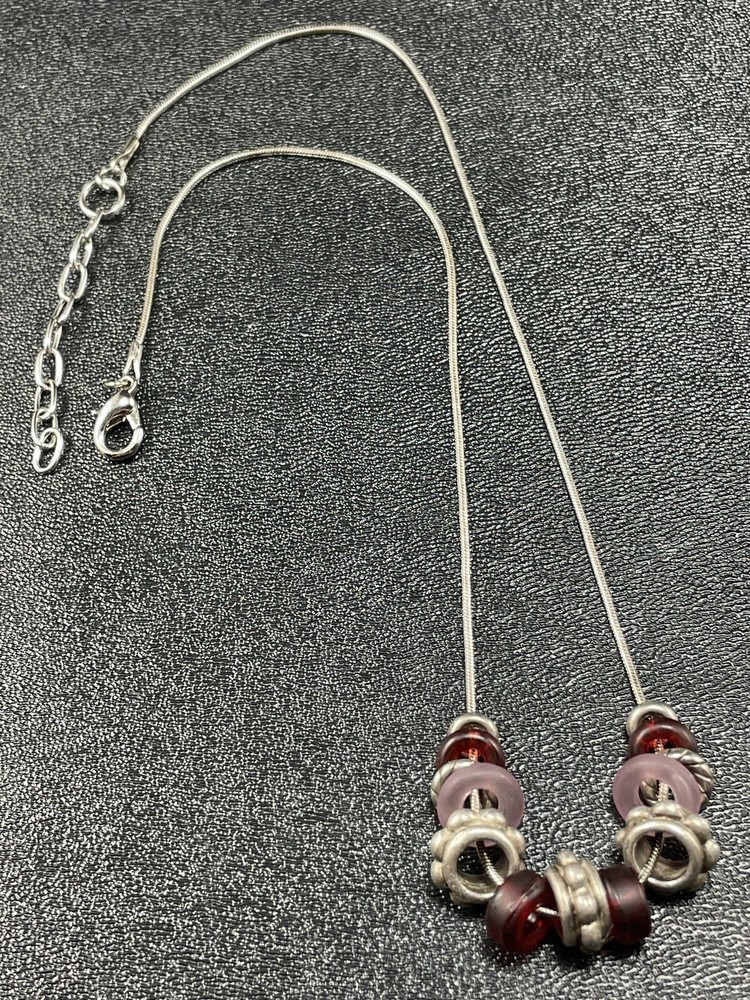 Vintage Red & Pink Glass Beaded Slider Charm Necklace 16” Chain