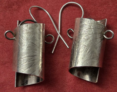 Sterling Silver Hammered Texture Dangle Earrings Cylindrical Unique 1 3/4″ ~ 10g