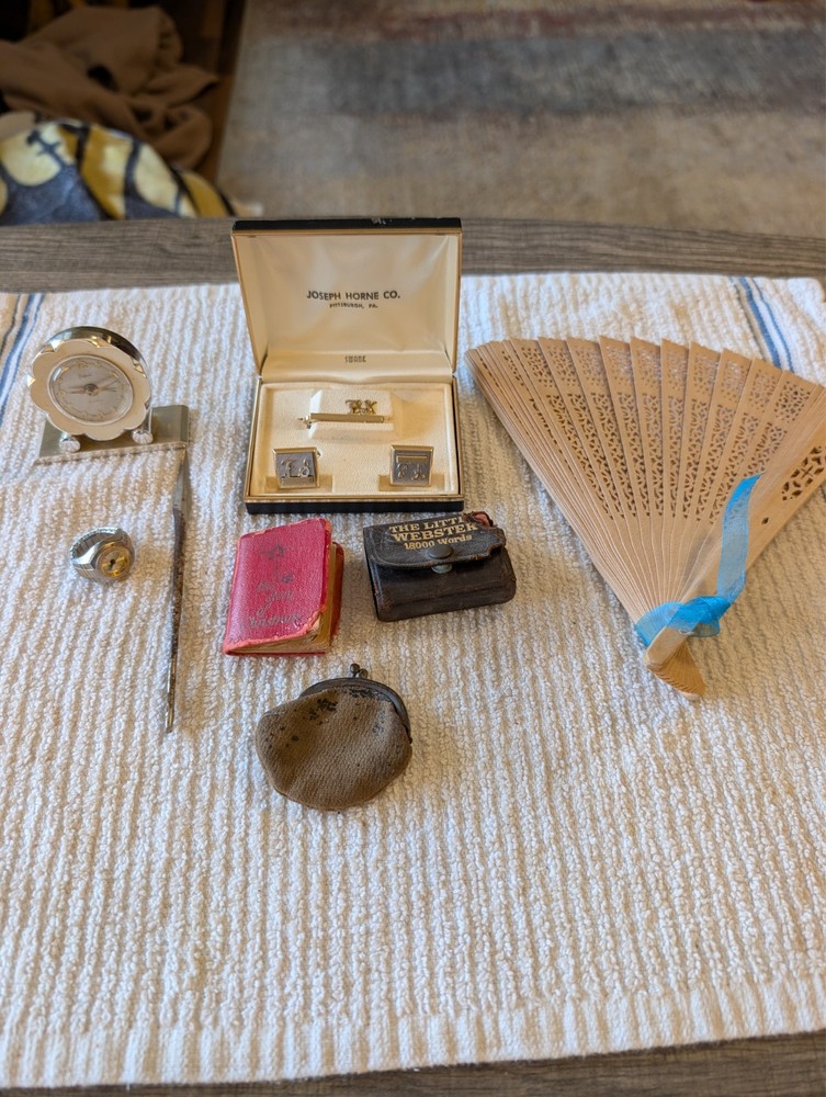 Vintage mixed lot swank set,Sheffield clock,ring watch,mini webster dictionary