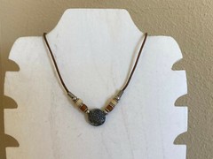 Vintage Brown Bead Accented Pewter Sun Pendant Brown Leather Cord Necklace – 17″