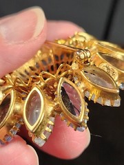 Vintage icy blue and givre navette gold tone filigree 3D flower brooch