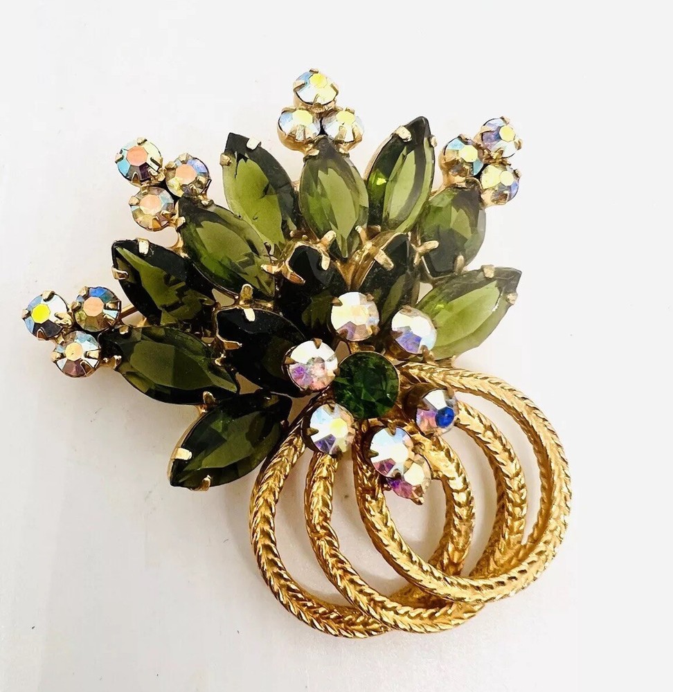 JULIANA DeLizza Elster Olivine Rhinestone & Metal Loop Brooch Vintage Jewelry