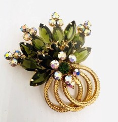 JULIANA DeLizza Elster Olivine Rhinestone & Metal Loop Brooch Vintage Jewelry