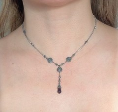 Vintage Unused W/Box Sterling Silver Garnet & Marcasite Station “Y” Necklace