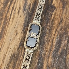 RARE Antique Art Deco Belais 10K White Gold Diamond Onyx Filigree Bracelet