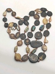 Vintage 1960″s Horn Mother of Pearl Abalone Bead Necklace 50″ Hobo Mid Century