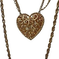 Vintage Layered Necklace Three Strands Puffy Heart Gold Tone Statement 1980s