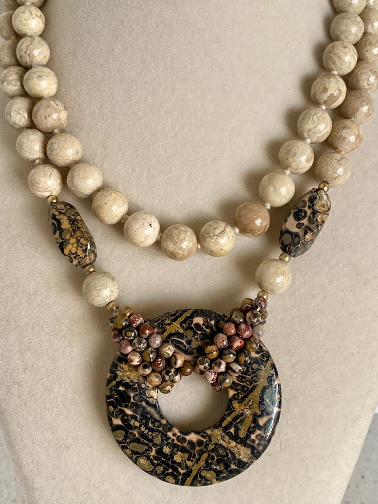 Vintage Leopard Skin & River Stone Jasper Stone Beaded Pendant Necklace 34″