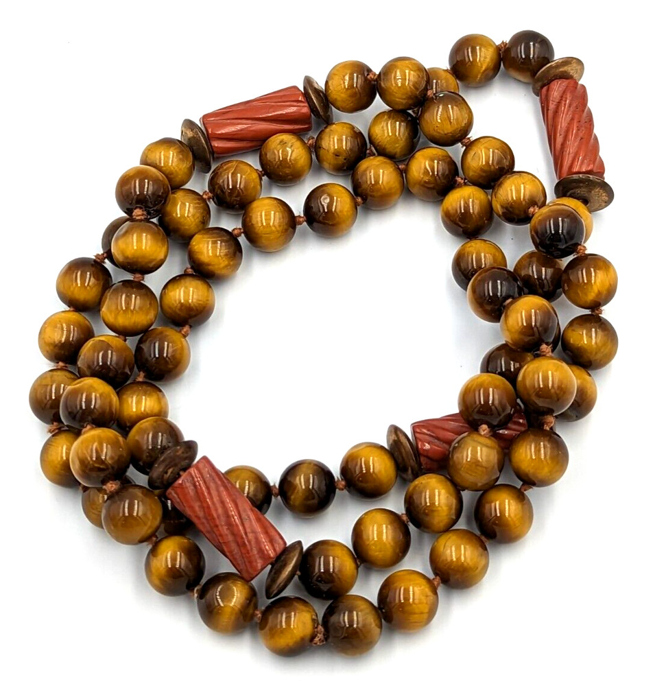 Tiger’s Eye Terracotta Jasper Beaded Necklace Vintage 32 In Long Silk Knotted
