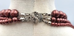 Vintage 3 Strand Bronze Burgundy Beaded Necklace Layered 26″ Box Clasp Heavy
