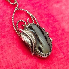 Sterling Silver Old Pawn 925 Necklace Pendant Southwest Moss Agate Oval Leaf 24″