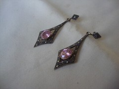 VINTAGE ARROW TEARDROP PINK TOPAZ W/ MARCASITE SILVER 925 DANGLE STUD EARRINGS