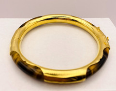 Vintage Asian Style Tiger’s Eye Gold Tone Hinged Bangle Bracelet