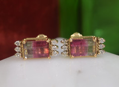 Vintage 14K Gold 5.50 ct Watermelon Tourmaline Diamond Earrings