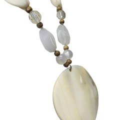 White Shell Necklace Large Pendant Statement 19″ Icy Glass Beaded Bohemian