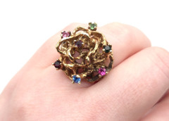 Vintage Gold Plated Sterling Signed Brutalist Rhinestone Dome Cocktail Ring Sz 6