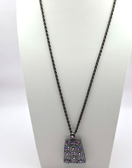 AB Rhinestone Pendant Necklace Aurora Borealis AB Gunmetal Windowpane Floral 28″