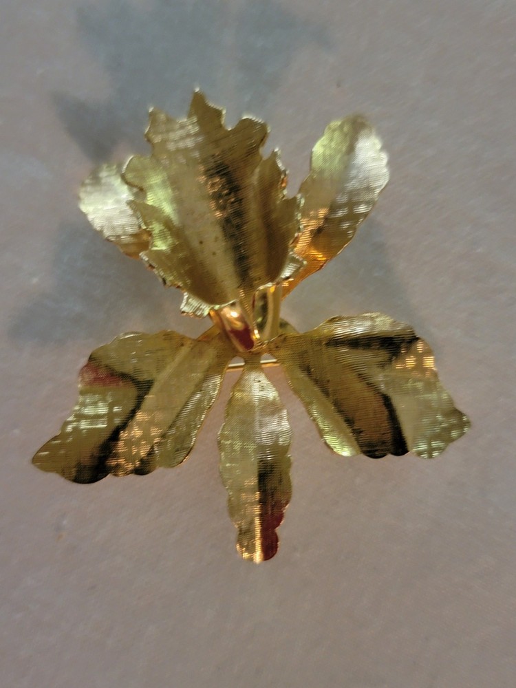 Vtg Gold Tone 2 Inch Iris Orchid Brooch