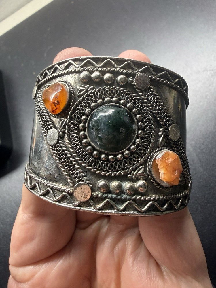 Vintage Indian Bohemian Cuff Bracelet with Natural Gemstones. Silver Tone