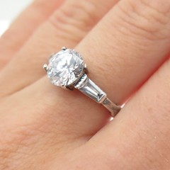 925 Sterling Vintage Round & Tapered Baguette-Cut C Z Engagement Ring Size 6.25
