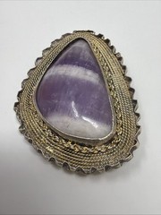 ISRAEL 935 Sterling Silver Gold Tone Vintage Amethyst Brooch Pin Pendant