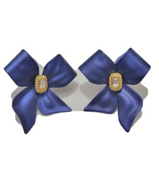 Vtg Tona Bow Ribbon Rhinestones Blue Satin Metal Brooch Earring Demi Parure Set