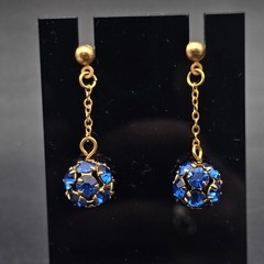 Blue Rhinestone Ball Earrings Gold Tone Pierced Post Dangle Drop Vintage