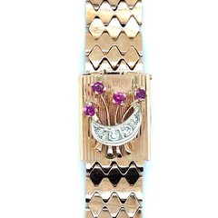 1940s Nastix 14 Karat Rose Gold Ruby and Diamond Covered Watch Bracelet