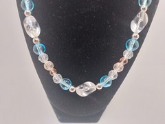 Vintage Monet Glass Pastel Beaded Clear Blue Pink Silver Tone Necklace Hang Tag