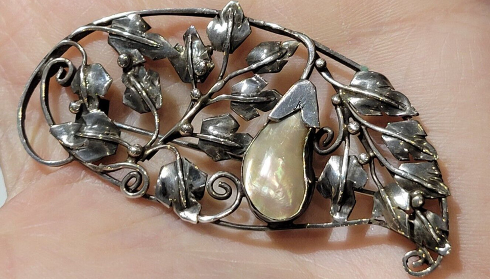 Antique Natural Baroque Pearl Hand Made Sterling Silver Fruit Vine Ivy Brooch