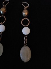 Vtg Brushed Gold & White Cabochon Stone Dangle Leverback Earrings 3.5 in Long