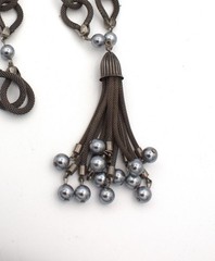 Gun Metal Link Woven Chain Link Gray Faux Pearl Fringe Long Pendant Necklace
