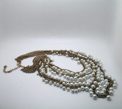 Vintage RJ Graziano 4-strand faux pearl and goldtone chain statement necklace
